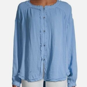 Free People Moving Mountains Button Down Blouse Casual Top Guaze Size Small Blue